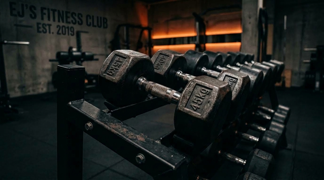 Dumbbells on a rack with EJ'S Fitness Club on the wall